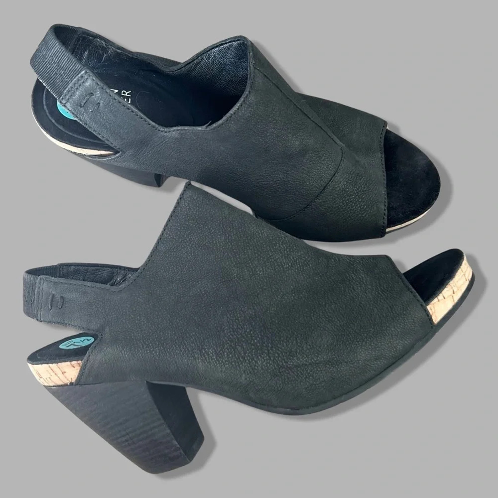 Eileen Fisher Black Pebbled Leather Open Toe Slingback Ankle Bootie